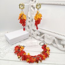 Komplet biżuterii jesiennej – kolczyki długie liście klonu i bransoletka handmade