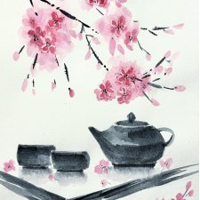 Ceremonia picia herbaty. japońskie malarstwo sumi-e. Original Akwarela A4+