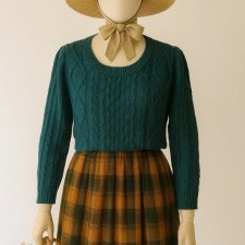 Vintage Teal Cable Knit Sweater Retro Slim Fit Cosy Jumper sweter morski warkocze turkus