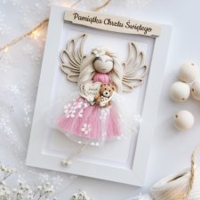 Pamiątka Chrztu Świętego dla dziewczynki - różowy Anioł Stróż