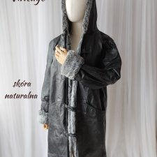Vintage płaszcz damski czarny 40 L kaptur sztuczne futro