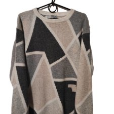 Wełniany sweter vintage z angorą Sporting L/XL – beżowo-szary geometryczny wzór, 60% wełna jagnięca, 20% angora, ciepły zimowy retro sweter unisex