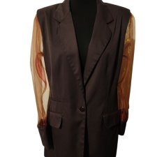 Marynarka vintage upcycled śliwkowo-brązowa z bufkami i mieniącymi pomarańczowymi rękawami organza, elegancka unikatowa
