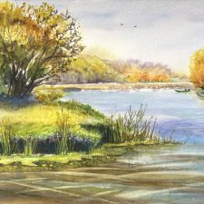 Letni dzień nad rzeką. 30/42cm. Original Akwarela A3