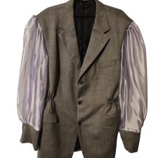 Marynarka szara wełniana upcycled z połyskującymi jasnofioletowymi rękawami bufki Christian Berg / Anson’s L/XL oversize vintage