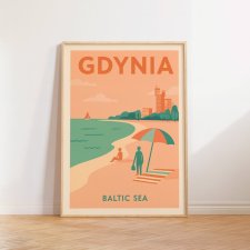 Plakat Gdynia Beach – Morze Bałtyckie | Retro plakat podróżniczy w stylu PRL | Grafika do samodzielnego wydruku