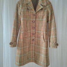 Piękny stylizowany płaszcz w kratkę brąz taliowany 38 M retro styl