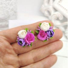 Kolczyki wkrętki mini bukiecik z liliami różami i piwoniami handmade