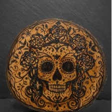 Podkładka - Czaszka meksykańska - Dia de los Muertos - pirografia, drewno gruszy, halloween, prezent, oryginalny upominek