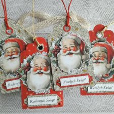 Bileciki, zawieszki, etykietki do prezentów 4 szt. z Mikołajem