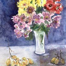 Chryzantemy i winogrona  Original Akwarela A4