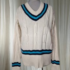 Kremowy sweter damski z niebieskim paskiem wywinięty rękaw 40 42 v dekolt vintage