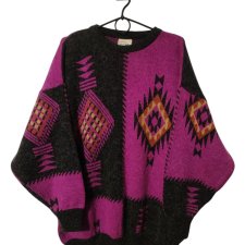 Vintage sweter South Lodge Korea oversize etniczny wzór róż czarny unisex retro aztec pattern