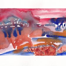 Abstrakcyjny pejzaż "Czerwona łąka" akwarela A4