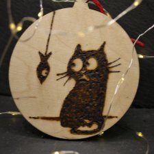 Drewniane wypalane ręcznie bombki - kot 8 - święta, mikołajki, boże narodzenie, prezent, upominek, gwiazdka, zabawne