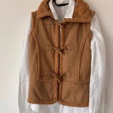 Brązowa futrzana kamizelka damska retro ciepła zapięcie na kołki boho styl vintage