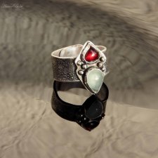 Obrączka srebrna z granatem i akwamarynem regulowana