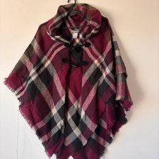 Ciepłe ponczo Accessory w dużą kratę w odcieniach bordo, czerni i beżu