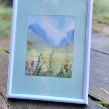 Akwarela ręcznie malowana, oprawiona. Góry, kwiaty.