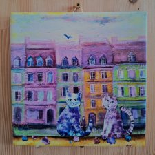 Dwa koty i stare miasto, artystyczna płytka ceramiczna 15 x15 cm