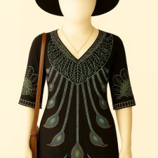 Vintage jedwabna czarna tunika minisukienka haftowana haft boho hippie