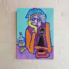 kolorowy obraz olejny do salonu babcia popołudnie z kotem