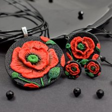 Komplet biżuterii "Czerwone maki" kolczyki sztyfty, naszyjnik i sznurkowa bransoletka