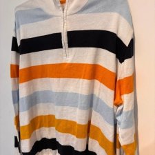 Sweter w paski vintage – retro kolorystyka navy/orange/cream, 1/4 zamek old money look