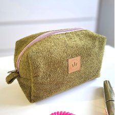 Pistacjowa kosmetyczka frotte z różowym zamkiem