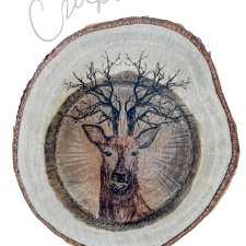 Jeleń - grafika na brzozowym plastrze