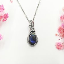 Naszyjnik Labradoryt stal chirurgiczna wisiorek handmade wirewrapping