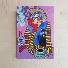 obraz do salonu olejny portret babcia z kotem