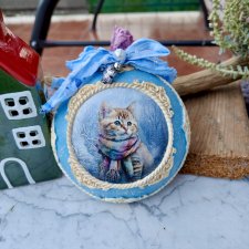 Bombka świąteczna z kotem handmade vintage – ozdoba choinkowa ręcznie robiona