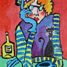 obraz do salonu olejny portret babcia z kotem rozmowa bez słów