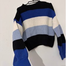 Krótki sweter w szerokie paski niebiesko-czarno-białe, cropped oversize Amy&Ivy S