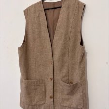 Beżowa wełniana kamizelka na guziki z kieszeniami gługa elegancka XXL XXXL Vintage