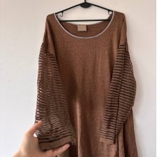 Brązowa oversize bluzka THE A PLUS, luźny krój, rękawy w pasy, r. 42