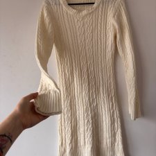 Ecru sukienka swetrowa warkoczowa, długa, miękka dzianina, XS/S