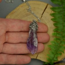 Wisiorek Talizman duży, surowy ametyst, wire wrapping, stal chirurgiczna