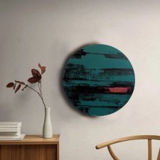 Okrągły abstrakcyjny obraz akrylowy w zieleni, czerni i czerwieni – 40 cm