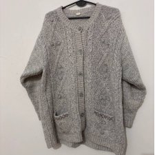 Szary vintage kardigan oversize z ozdobnym splotem i kieszeniami, miękki i ciepły XL XXL