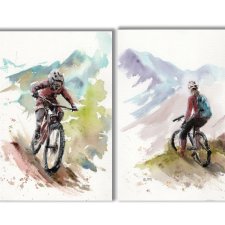 Rower górski. Akwarela ręcznie malowana. Zestaw 2 szt