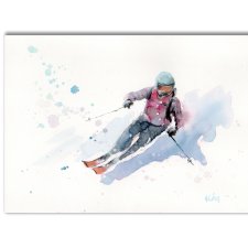 Narty, zima, góry. Akwarela ręcznie malowana