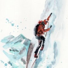 Wspinaczka, zima, góry. Akwarela ręcznie malowana