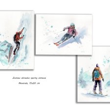 Sporty zimowe, zima, góry. Akwarela ręcznie malowana. Zestaw 3 szt