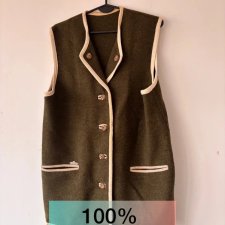 Wełniany długi bezrękawnik 100% Wolle Wenatex w stylu vintage, oliwkowy XL XXL