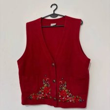 Czerwona kamizelka z haftem kwiatowym, wełna z bawełną, kieszenie, rozmiar M/L Frapp