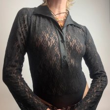 Czarne Koronkowe Body z Długim Rękawem M/L Vintage Sexy Lace Top goth kołnierzyk