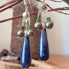 ORIENTALNE AUTORSKIE KOLCZYKI - SREBRO LAPIS LAZULI PIRYT SZMARAGDY PERŁY KRYSZTAŁ GÓRSKI - NOWE