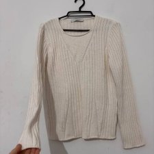 Ecru włoski sweter premium Le Tricot Longhin, prążkowany, dekolt V, Made in Italy S / 36 / 8